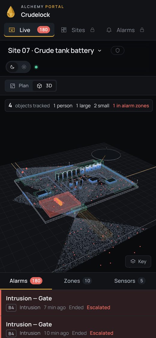Crudelock live 3D view and alarms on a phone.
