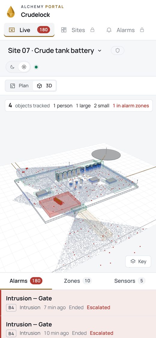 Crudelock live 3D view and alarms on a phone.